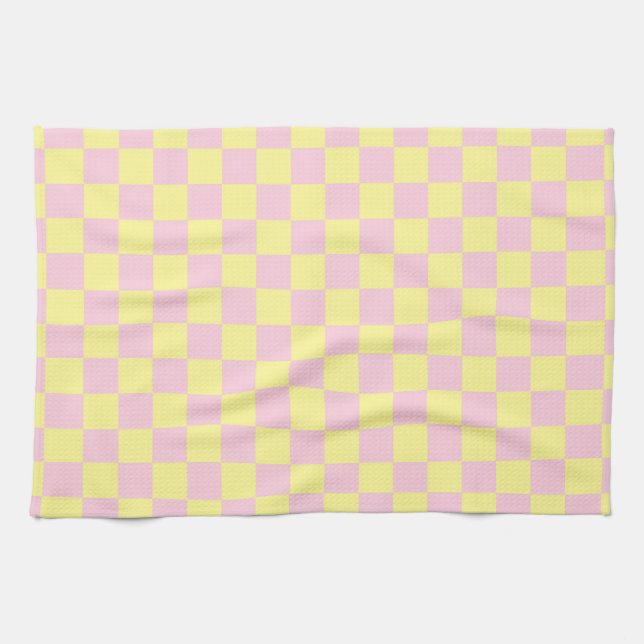Chequered Soft Pink and Yellow Tea Towel (Horizontal)