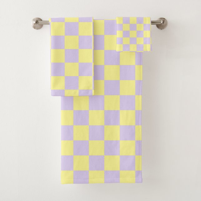 Chequered Soft Yellow and Purple Bath Towel Set (Insitu)