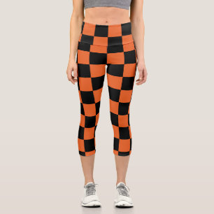 Chequered squares Black and Orange geometric retro Capri Leggings