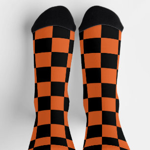 Chequered squares Black and Orange geometric retro Socks