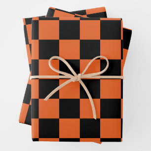 Chequered squares Black and Orange geometric retro Wrapping Paper Sheet
