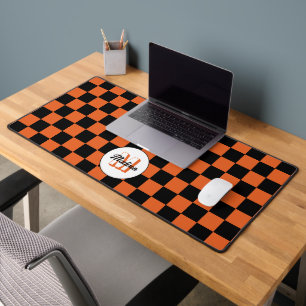 Chequered squares black and orange retro Monogram Desk Mat