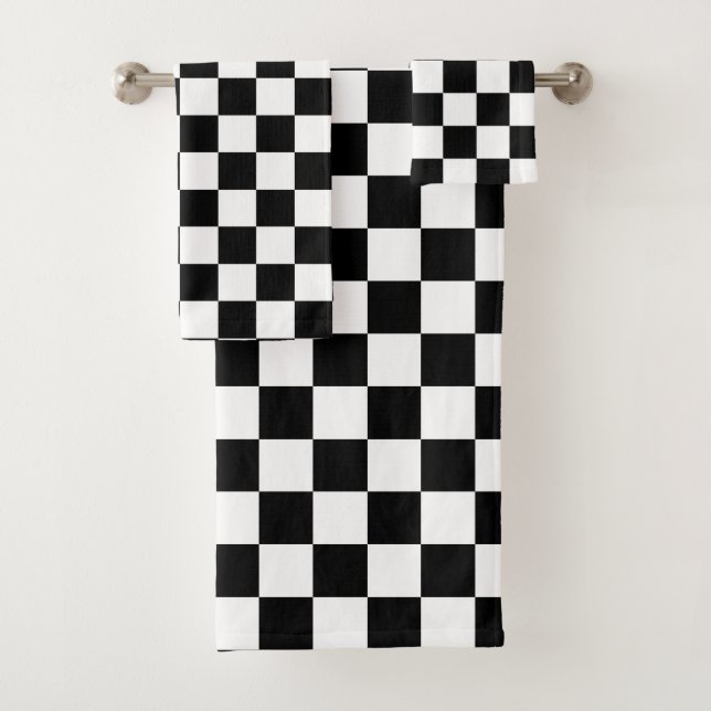 Chequered squares black and white geometric retro bath towel set (Insitu)