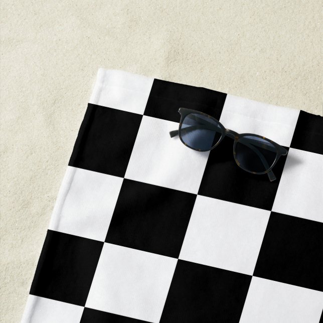 Chequered squares black and white geometric retro beach towel (In Situ)