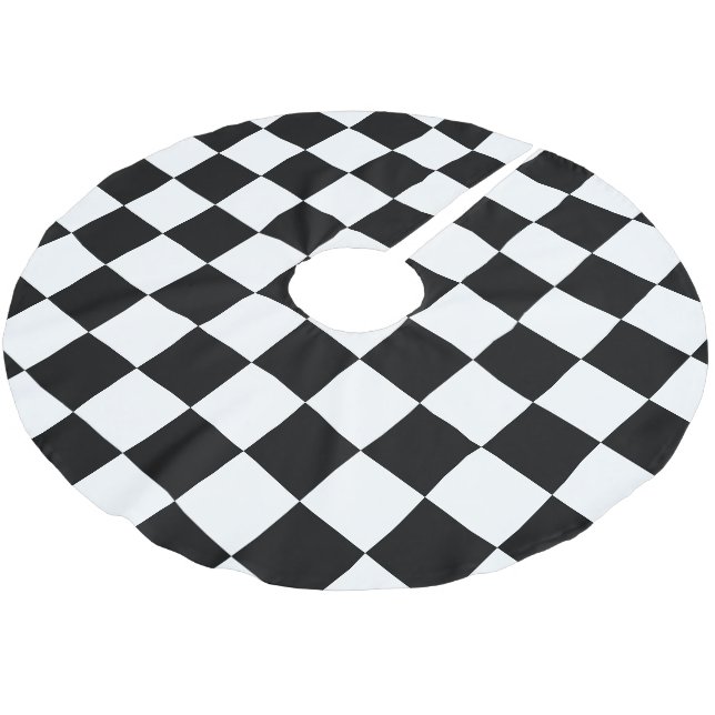 Chequered squares black and white geometric retro brushed polyester tree skirt (Angled)