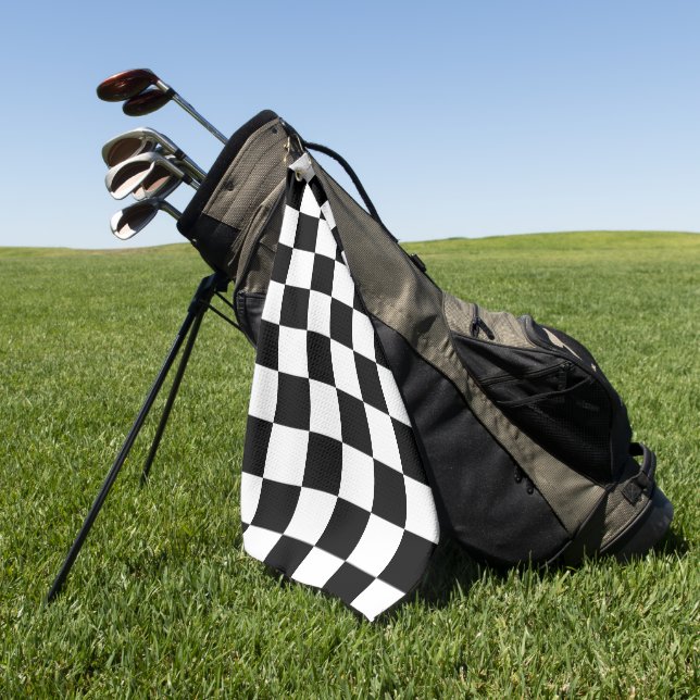 Chequered squares black and white geometric retro golf towel (Green)