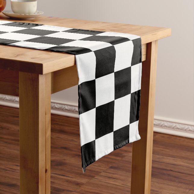 Chequered squares black and white geometric retro long table runner (In Situ)