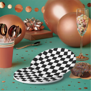 Chequered squares black and white geometric retro paper plate