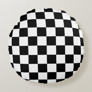 Chequered squares black and white geometric retro round cushion