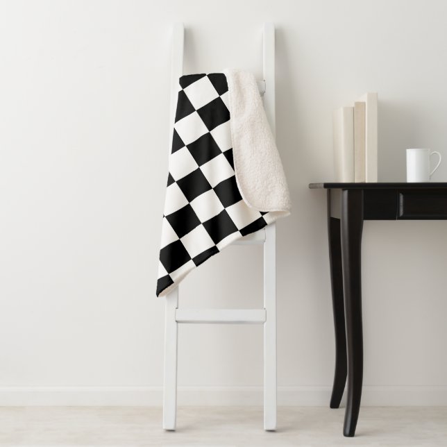 Chequered squares black and white geometric retro sherpa blanket (In Situ)