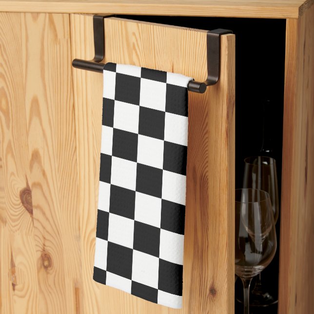 Chequered squares black and white geometric retro tea towel (Thirds Fold)