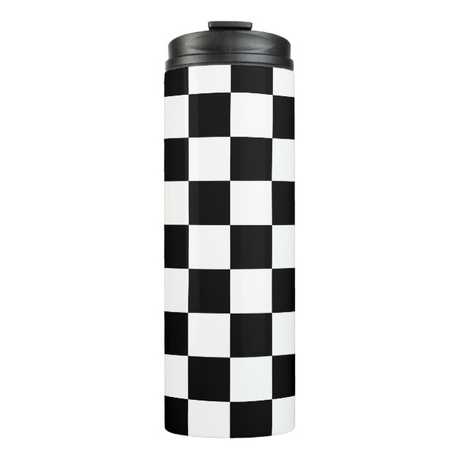 Chequered squares black and white geometric retro thermal tumbler (Front)