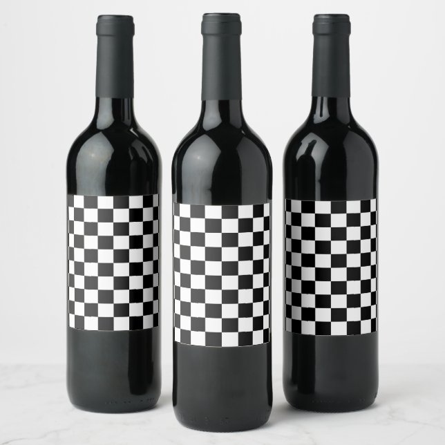 Chequered squares black and white geometric retro wine label (Bottles)