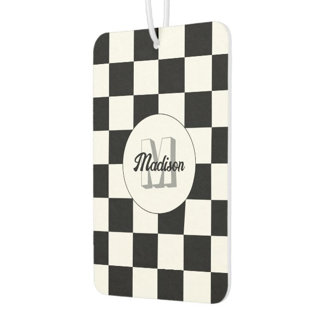 Chequered squares black and white retro Monogram Car Air Freshener (Left)