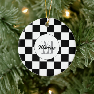 Chequered squares black and white retro Monogram Ceramic Tree Decoration