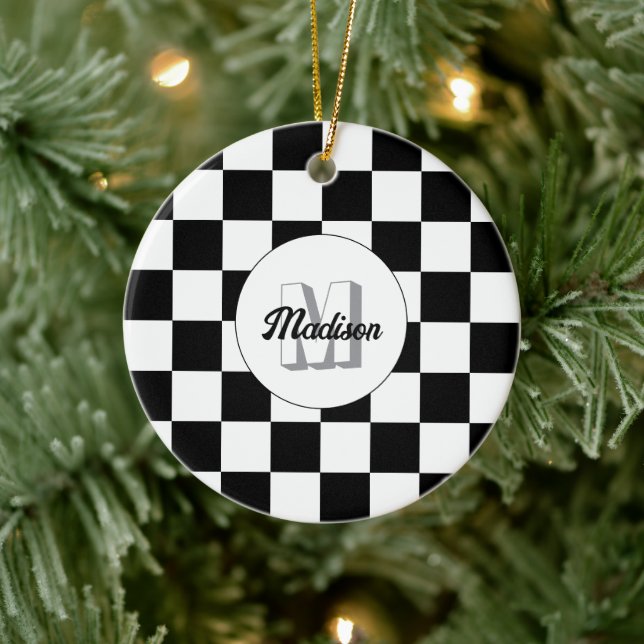 Chequered squares black and white retro Monogram Ceramic Tree Decoration (Tree)