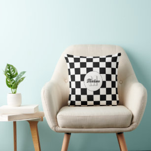 Chequered squares Black and White retro Monogram Cushion