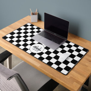 Chequered squares Black and White retro Monogram Desk Mat