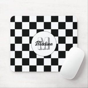 Chequered squares Black and White retro Monogram Mouse Mat