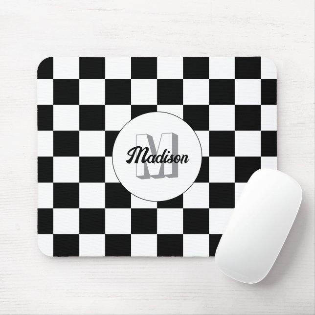 Chequered squares Black and White retro Monogram Mouse Mat (With Mouse)