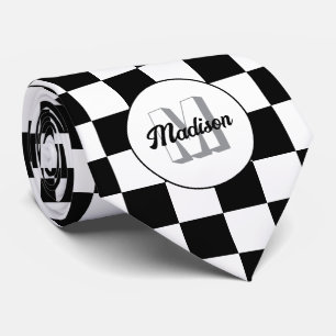 Chequered squares black and white retro Monogram Tie