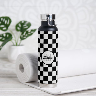 Chequered squares black and white retro Monogram Water Bottle