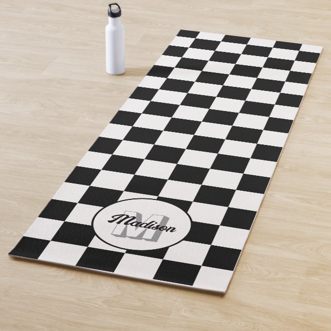 Chequered squares Black and White retro Monogram Yoga Mat (In Situ)