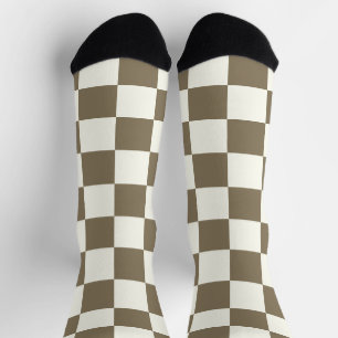 Chequered squares brown white geometric retro socks