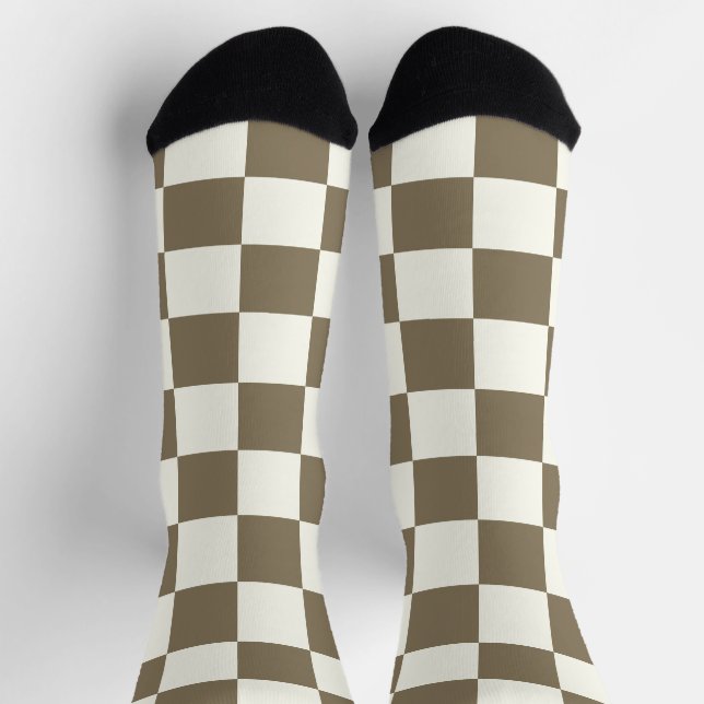 Chequered squares brown white geometric retro socks (Top)