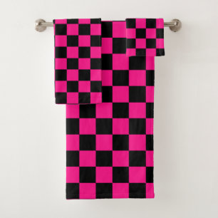 Chequered squares hot pink black geometric retro bath towel set
