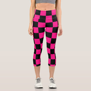 Chequered squares hot pink black geometric retro capri leggings