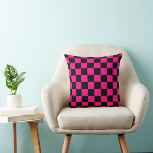 Chequered squares hot pink black geometric retro cushion