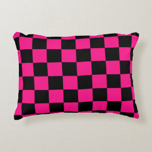 Chequered squares hot pink black geometric retro decorative cushion
