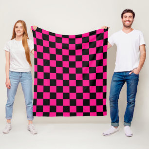 Chequered squares hot pink black geometric retro fleece blanket