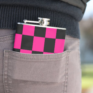 Chequered squares hot pink black geometric retro hip flask