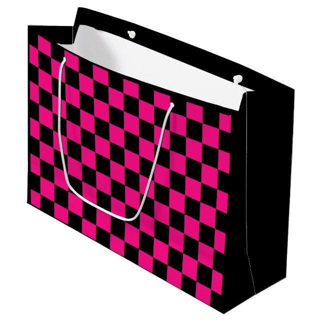 Chequered squares hot pink black geometric retro large gift bag (Front Angled)