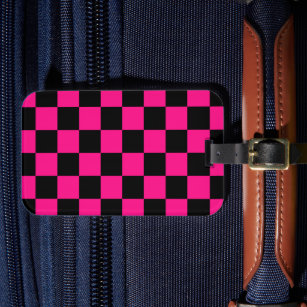 Chequered squares hot pink black geometric retro luggage tag