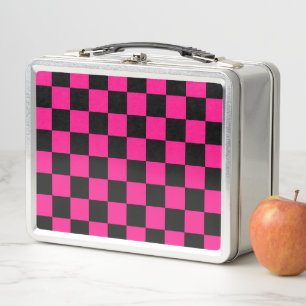 Chequered squares hot pink black geometric retro metal lunch box