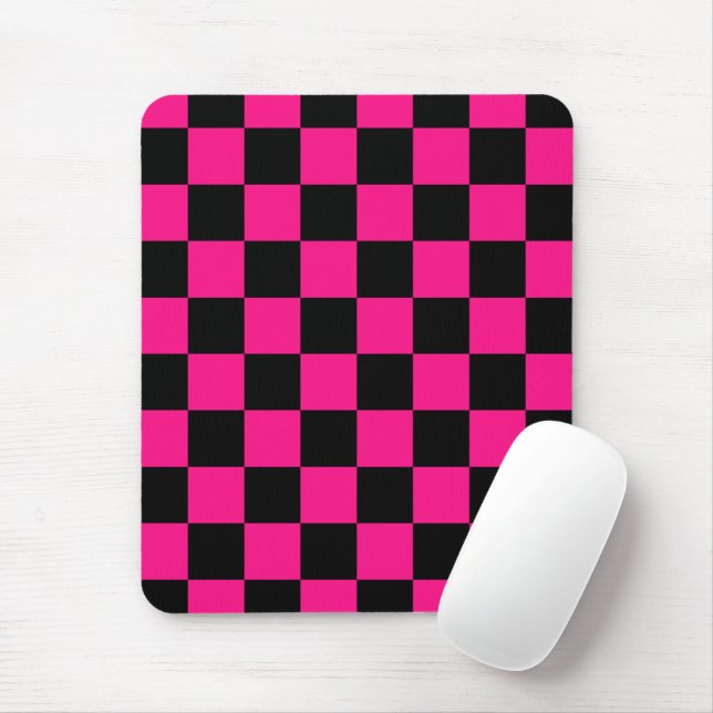 Chequered squares hot pink black geometric retro mouse mat (With Mouse)