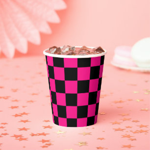 Chequered squares hot pink black geometric retro paper cups