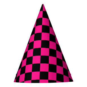 Chequered squares hot pink black geometric retro party hat