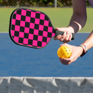 Chequered squares hot pink black geometric retro pickleball paddle