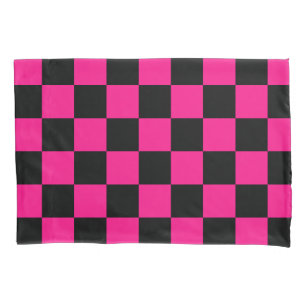 Chequered squares hot pink black geometric retro pillowcase