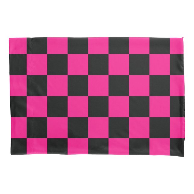 Chequered squares hot pink black geometric retro pillowcase (Front)