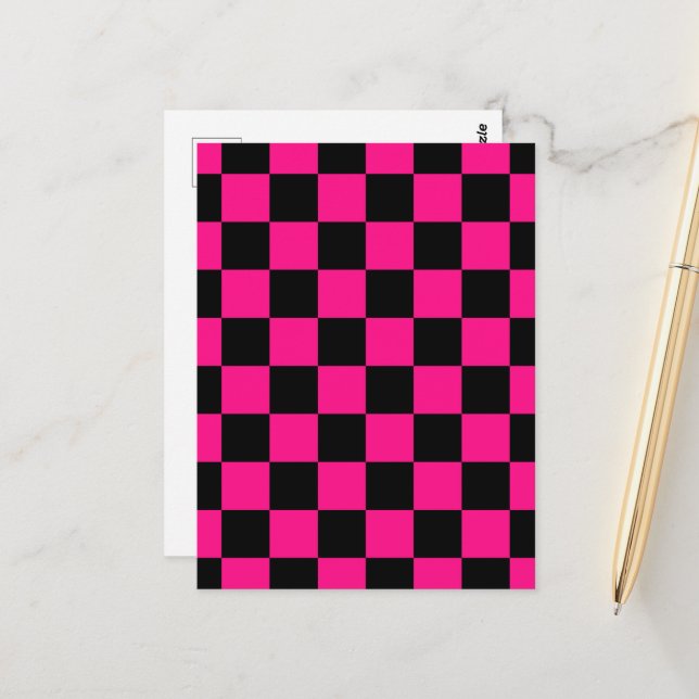 Chequered squares hot pink black geometric retro postcard (Front/Back In Situ)