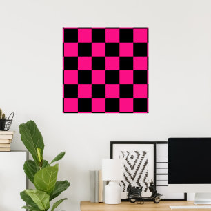 Chequered squares hot pink black geometric retro poster