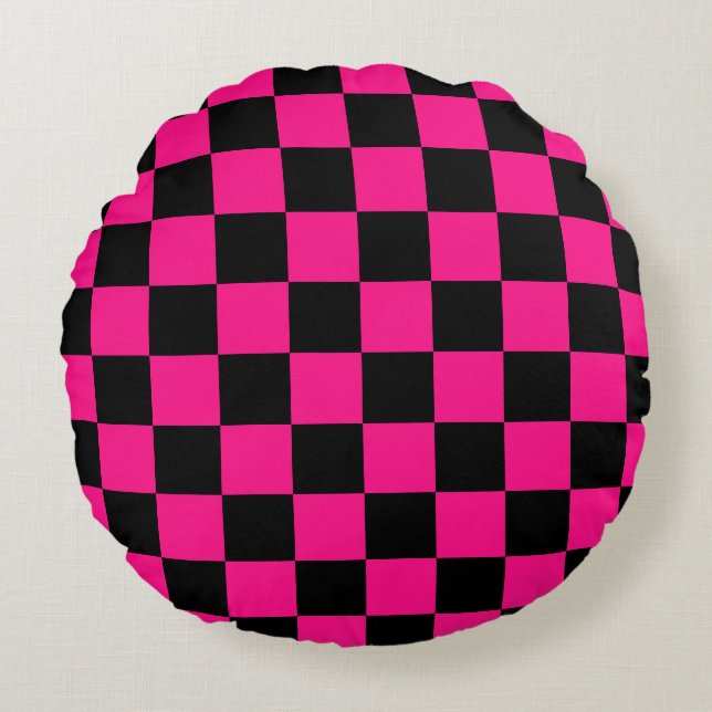 Chequered squares hot pink black geometric retro round cushion (Front)