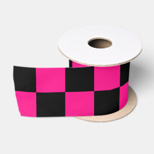 Chequered squares hot pink black geometric retro satin ribbon