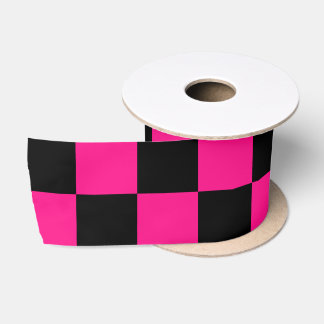 Chequered squares hot pink black geometric retro satin ribbon