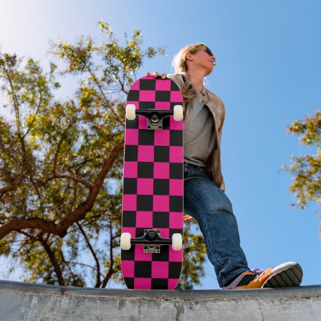 Chequered squares hot pink black geometric retro skateboard (Outdoor 1)